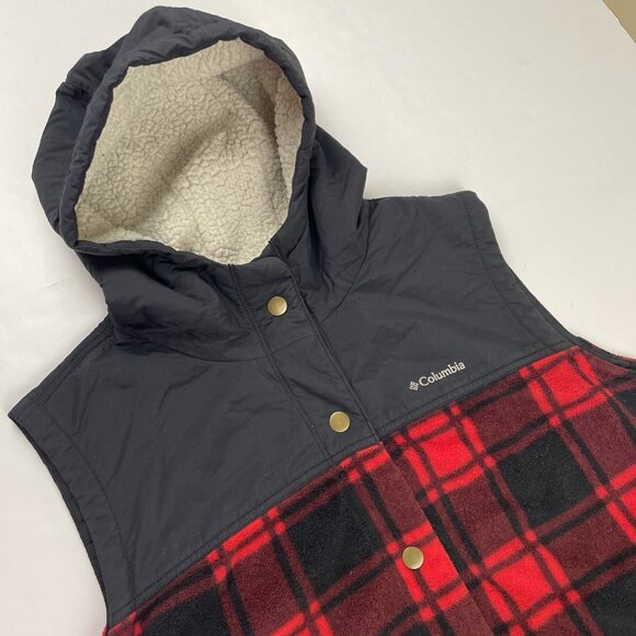 Columbia Benton Springs Vest Women’s 2X Overlay Plaid Sherpa Hood Snap Red Black - Picture 1 of 10